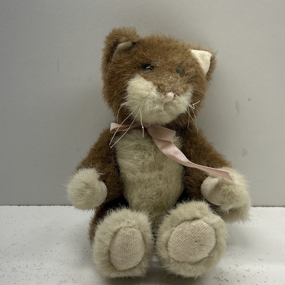 Vintage Boyds Collection Jointed Cat Plush Brown White Poseable Pink Bow